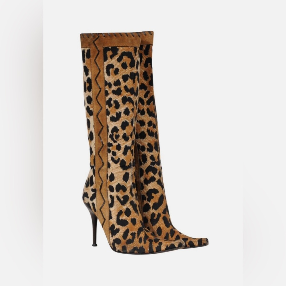 Casadei Womens Leopard Print Boots US 7.5 Brown Canvas Suede Pointed Toe Vintage